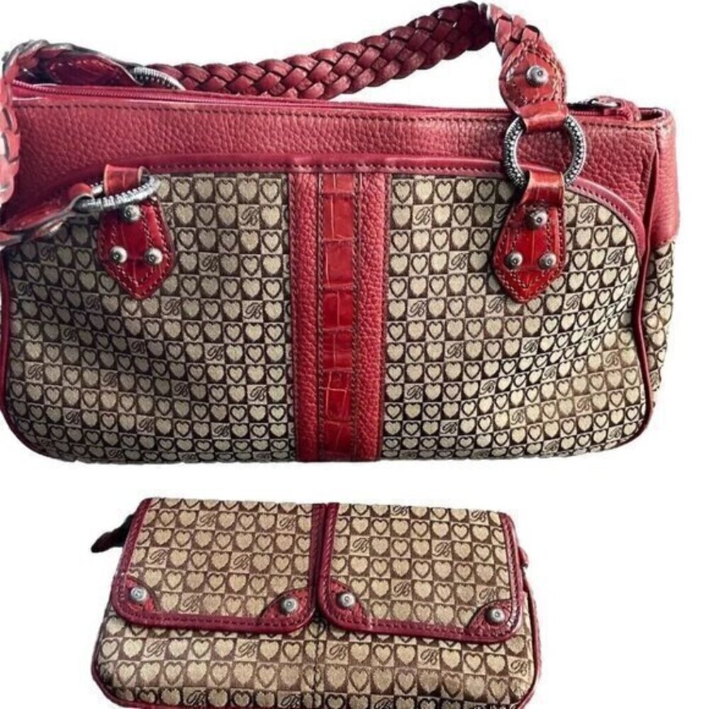 Vintage BRIGHTON Ruby Red/Brown Tote Weekender Matching Wallet Crossbody Detach